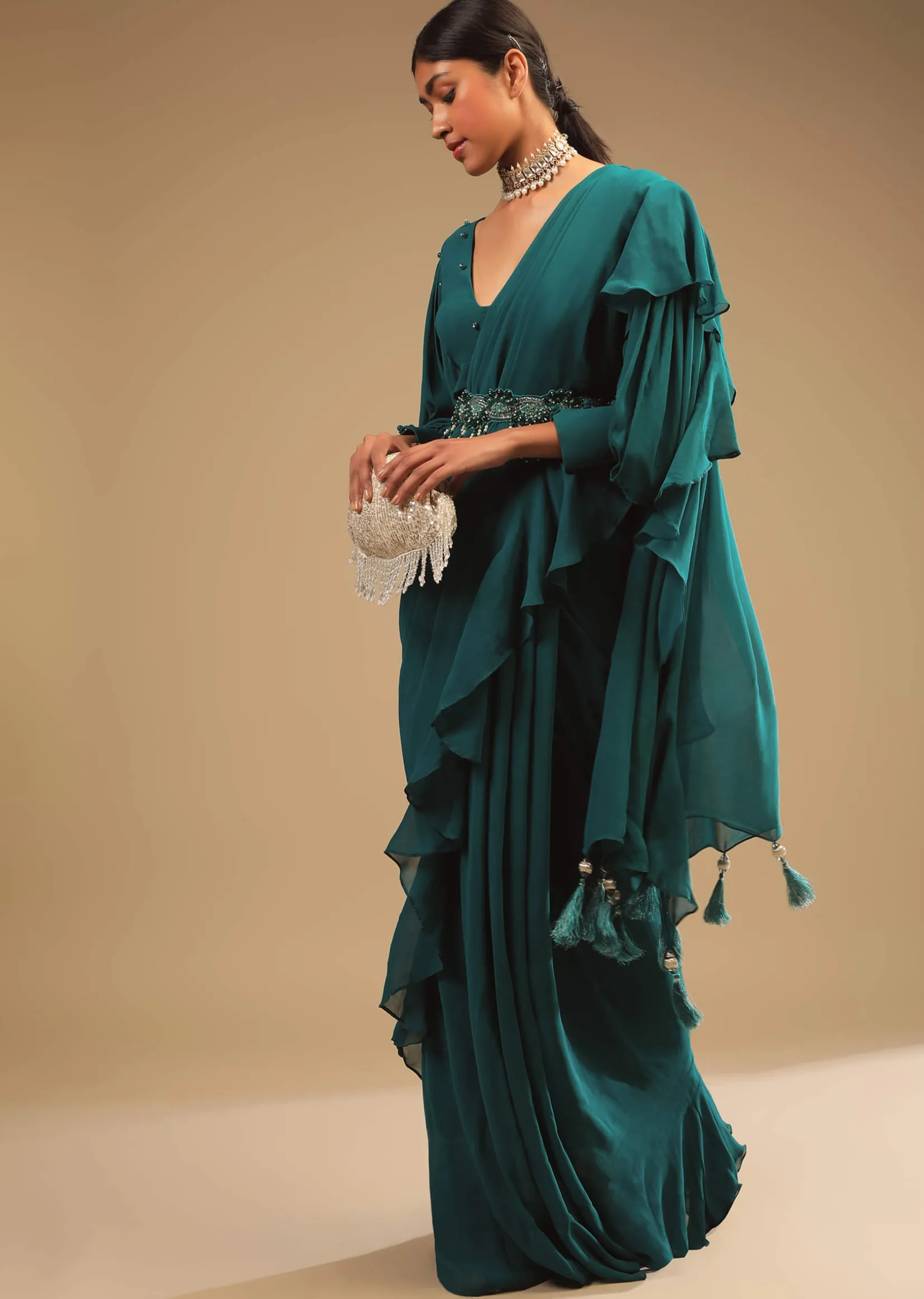 Teal Blue Saree In Georgette With Ruffle Frill And A Chunky Embroidered Belt