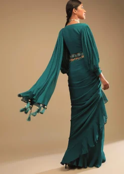 Teal Blue Saree In Georgette With Ruffle Frill And A Chunky Embroidered Belt