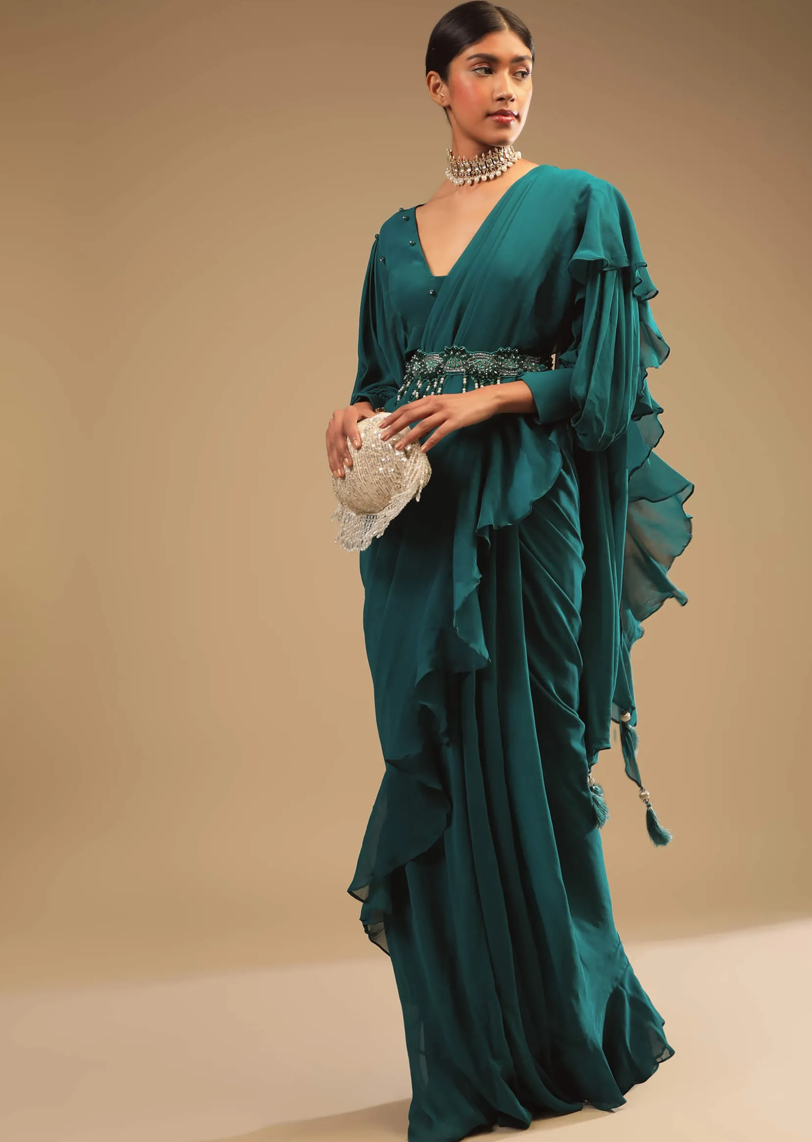 Teal Blue Saree In Georgette With Ruffle Frill And A Chunky Embroidered Belt