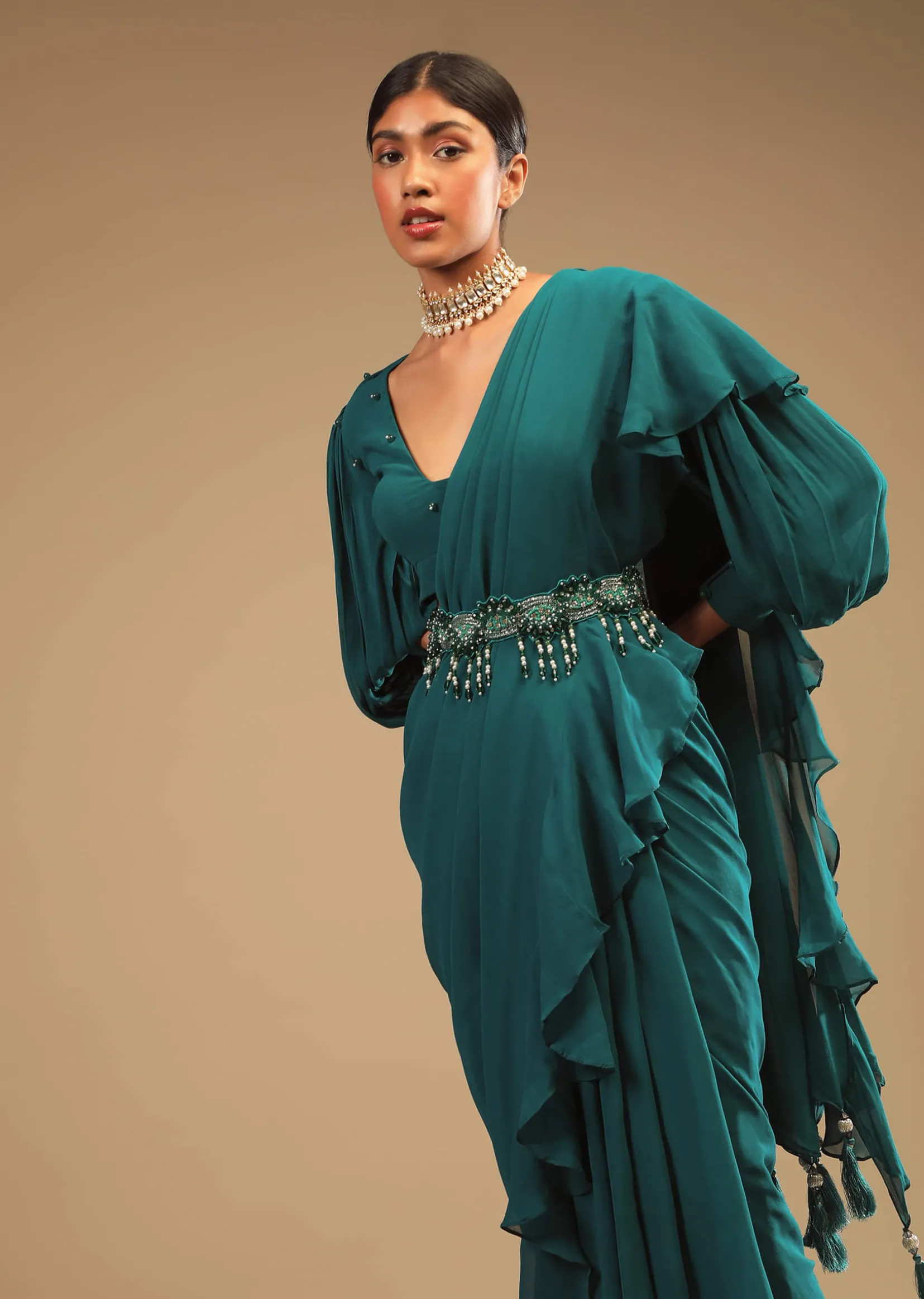 Teal Blue Saree In Georgette With Ruffle Frill And A Chunky Embroidered Belt
