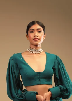 Teal Blue Saree In Georgette With Ruffle Frill And A Chunky Embroidered Belt