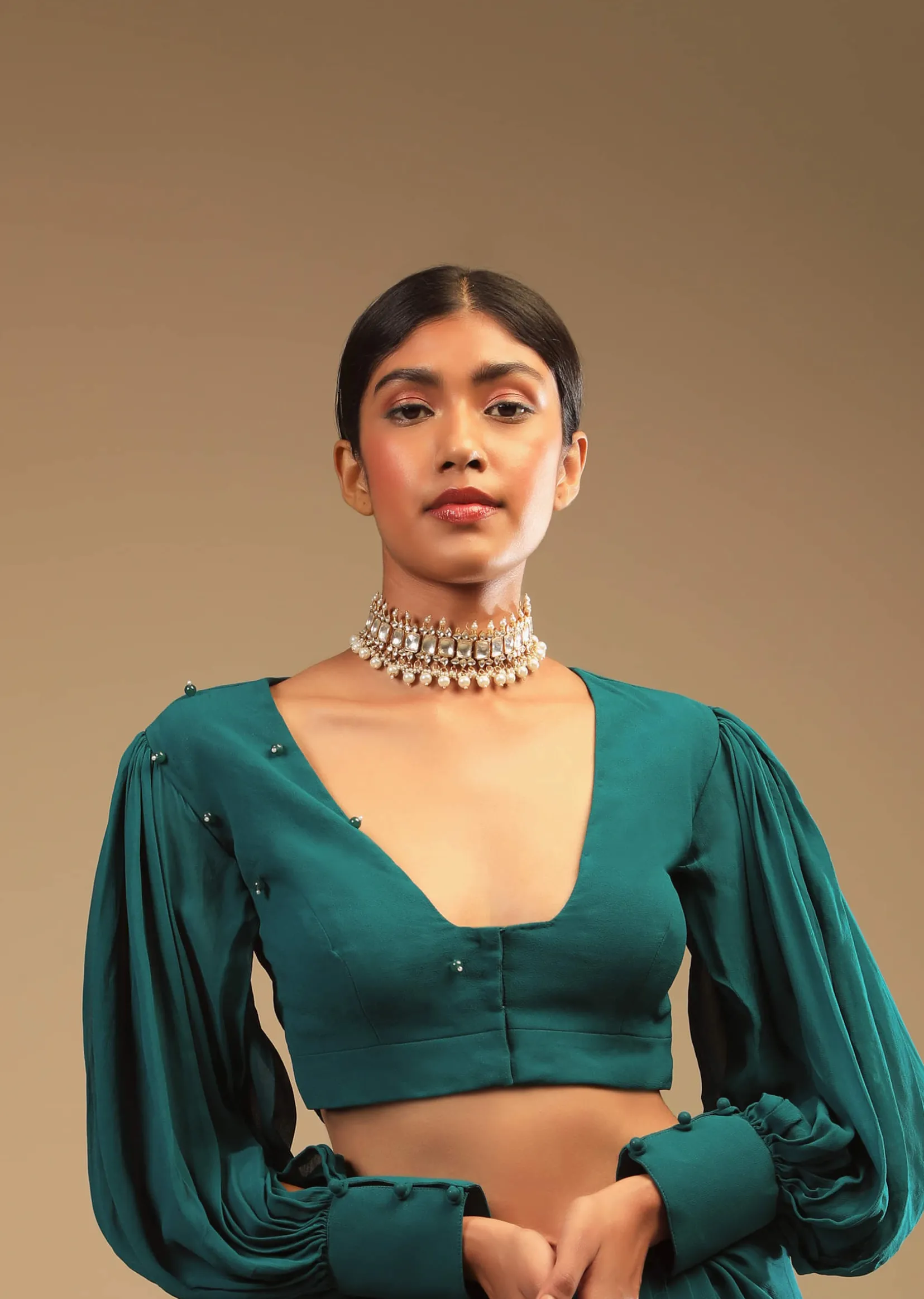 Teal Blue Saree In Georgette With Ruffle Frill And A Chunky Embroidered Belt