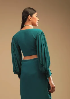 Teal Blue Saree In Georgette With Ruffle Frill And A Chunky Embroidered Belt