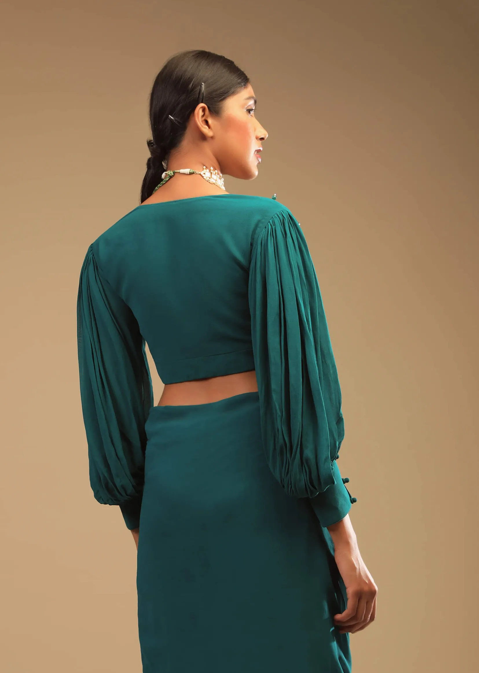 Teal Blue Saree In Georgette With Ruffle Frill And A Chunky Embroidered Belt