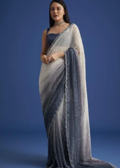 Teal Blue Sequins Saree With Scallop Embroidery Border