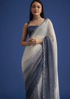 Teal Blue Sequins Saree With Scallop Embroidery Border