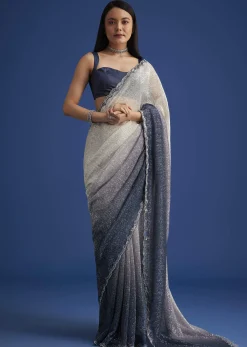 Teal Blue Sequins Saree With Scallop Embroidery Border