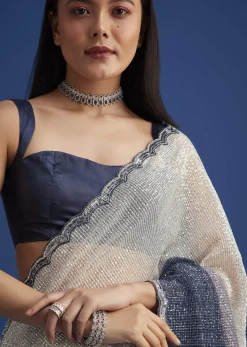 Teal Blue Sequins Saree With Scallop Embroidery Border
