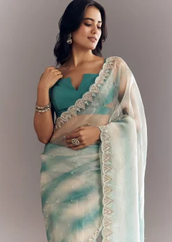 Teal Blue Shaded Organza Saree With Moti Stone Sequins Embroidery And Cutwork Scallop Border