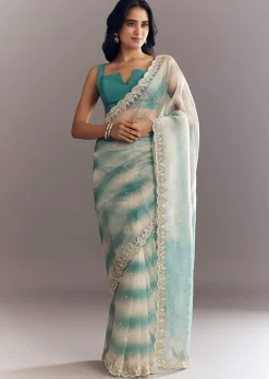 Teal Blue Shaded Organza Saree With Moti Stone Sequins Embroidery And Cutwork Scallop Border