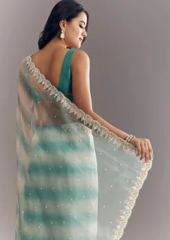 Teal Blue Shaded Organza Saree With Moti Stone Sequins Embroidery And Cutwork Scallop Border
