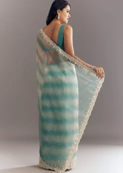 Teal Blue Shaded Organza Saree With Moti Stone Sequins Embroidery And Cutwork Scallop Border