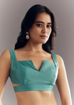Teal Blue Shaded Organza Saree With Moti Stone Sequins Embroidery And Cutwork Scallop Border