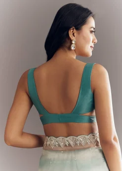 Teal Blue Shaded Organza Saree With Moti Stone Sequins Embroidery And Cutwork Scallop Border