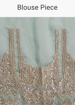Teal Blue Shaded Organza Saree With Moti Stone Sequins Embroidery And Cutwork Scallop Border