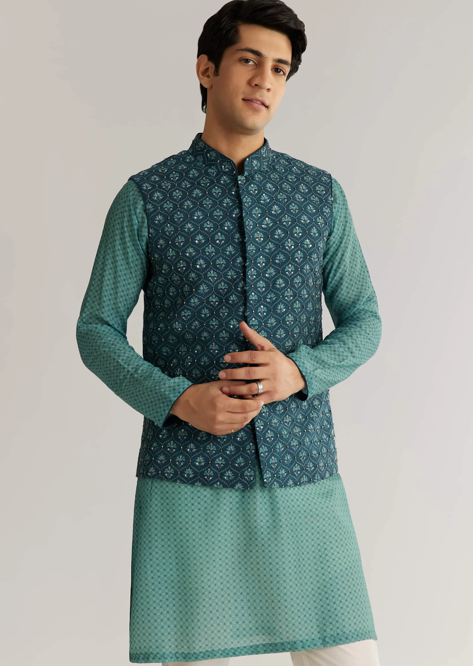 Teal Blue Silk Cutdana Sequins Kurta Jacket Set