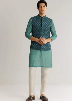 Teal Blue Silk Cutdana Sequins Kurta Jacket Set