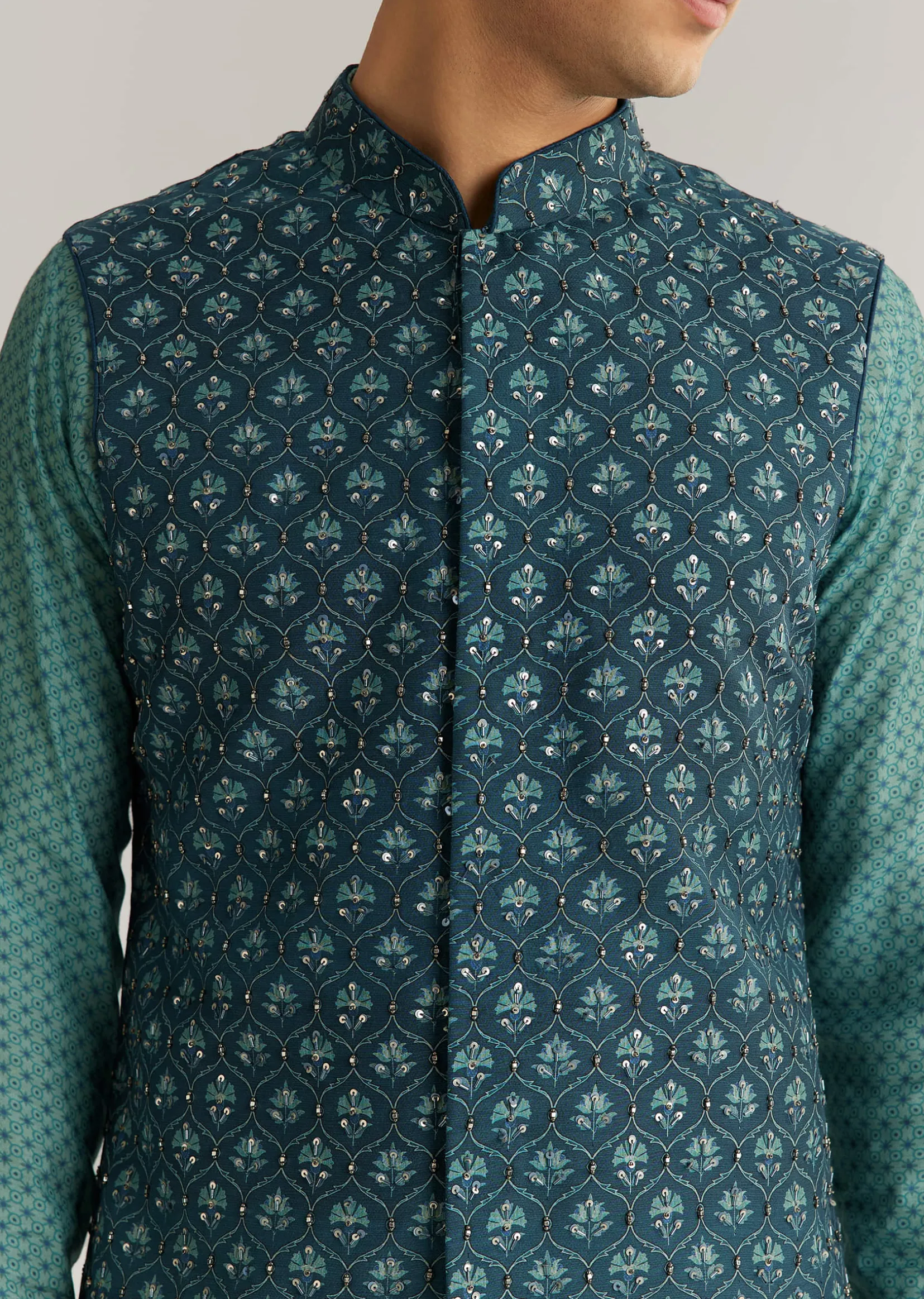 Teal Blue Silk Cutdana Sequins Kurta Jacket Set