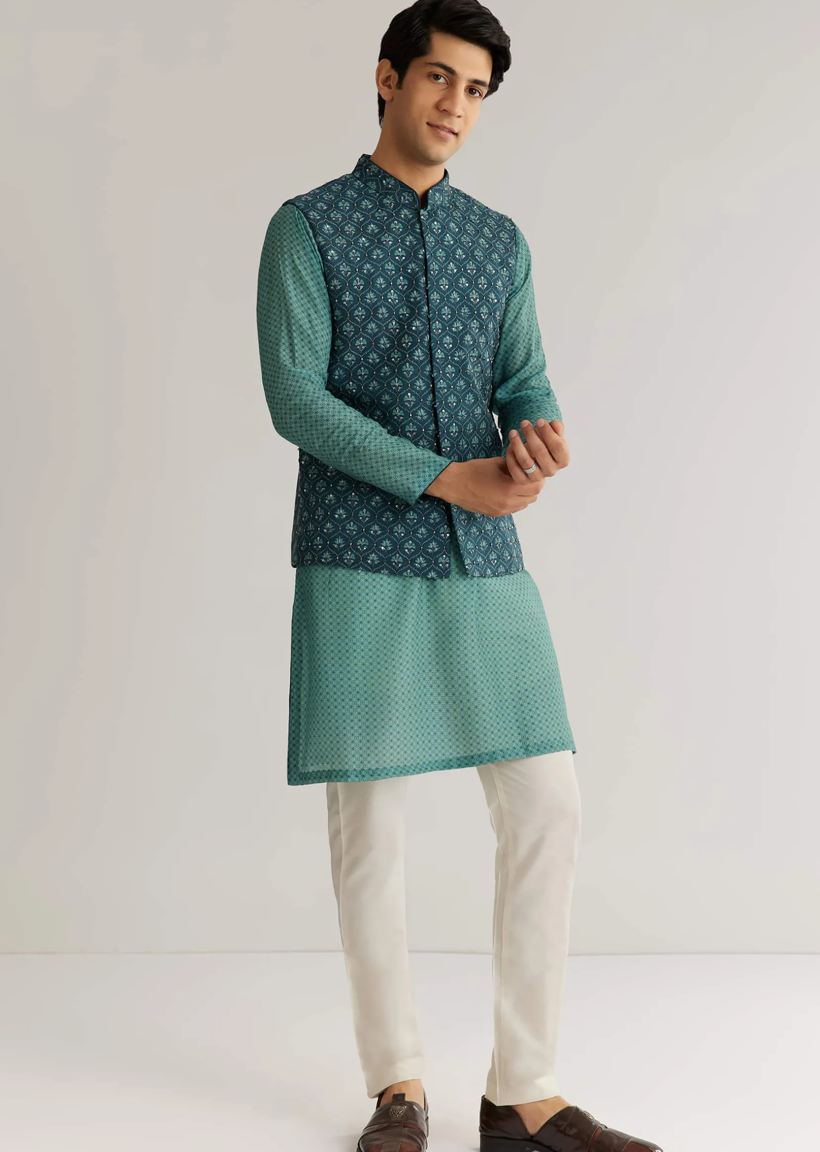 Teal Blue Silk Cutdana Sequins Kurta Jacket Set