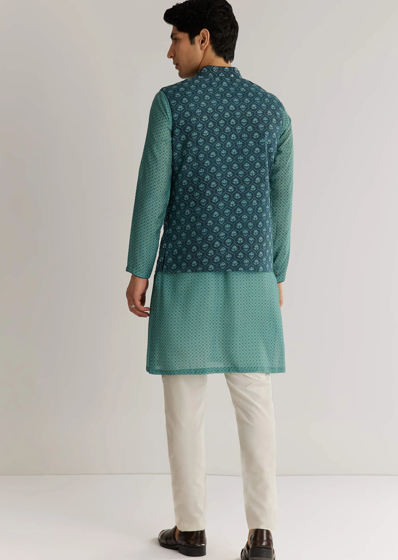 Teal Blue Silk Cutdana Sequins Kurta Jacket Set