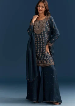 Teal Blue Silk Palazzo Suit With Cut Dana Work And Dupatta