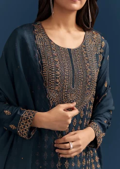 Teal Blue Silk Palazzo Suit With Cut Dana Work And Dupatta