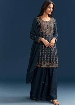 Teal Blue Silk Palazzo Suit With Cut Dana Work And Dupatta