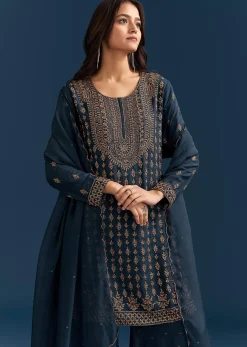 Teal Blue Silk Palazzo Suit With Cut Dana Work And Dupatta