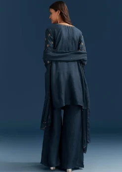 Teal Blue Silk Palazzo Suit With Cut Dana Work And Dupatta