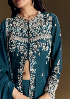 Teal Blue Silk Palazzo Suit With Moti Accents