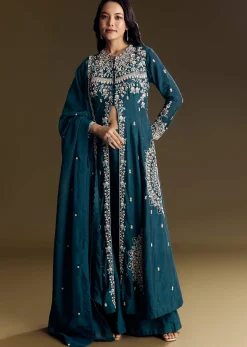 Teal Blue Silk Palazzo Suit With Moti Accents