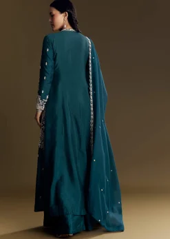 Teal Blue Silk Palazzo Suit With Moti Accents