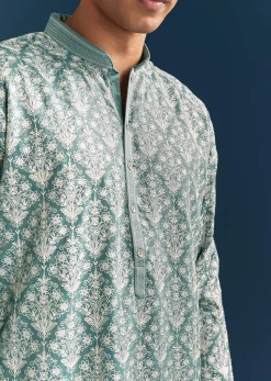 Teal Blue Silk Printed Kurta Set For Men With Thread Work