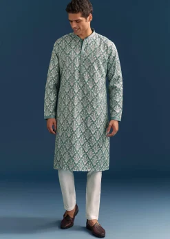 Teal Blue Silk Printed Kurta Set For Men With Thread Work