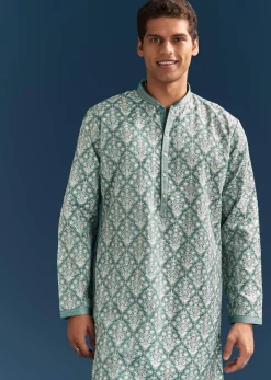 Teal Blue Silk Printed Kurta Set For Men With Thread Work