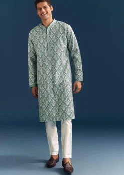 Teal Blue Silk Printed Kurta Set For Men With Thread Work
