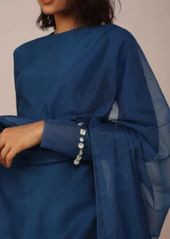 Teal Blue Suit Set With Tassel-Adorned Dupatta In Russian Art Silk