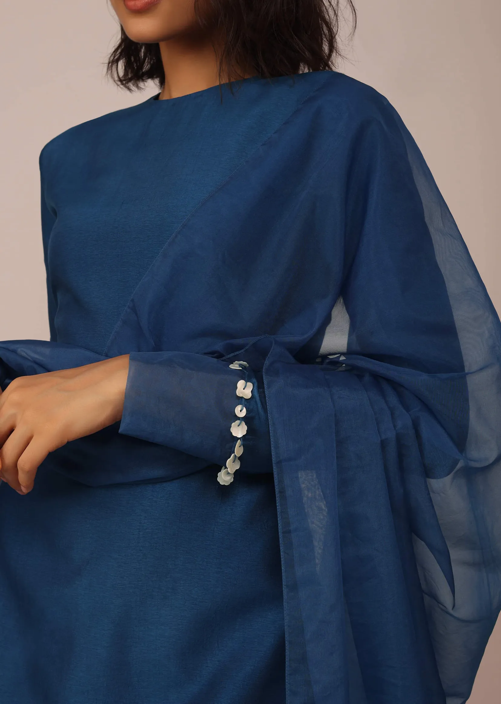 Teal Blue Suit Set With Tassel-Adorned Dupatta In Russian Art Silk