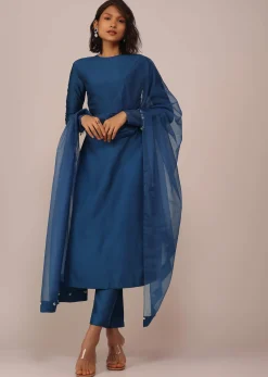 Teal Blue Suit Set With Tassel-Adorned Dupatta In Russian Art Silk