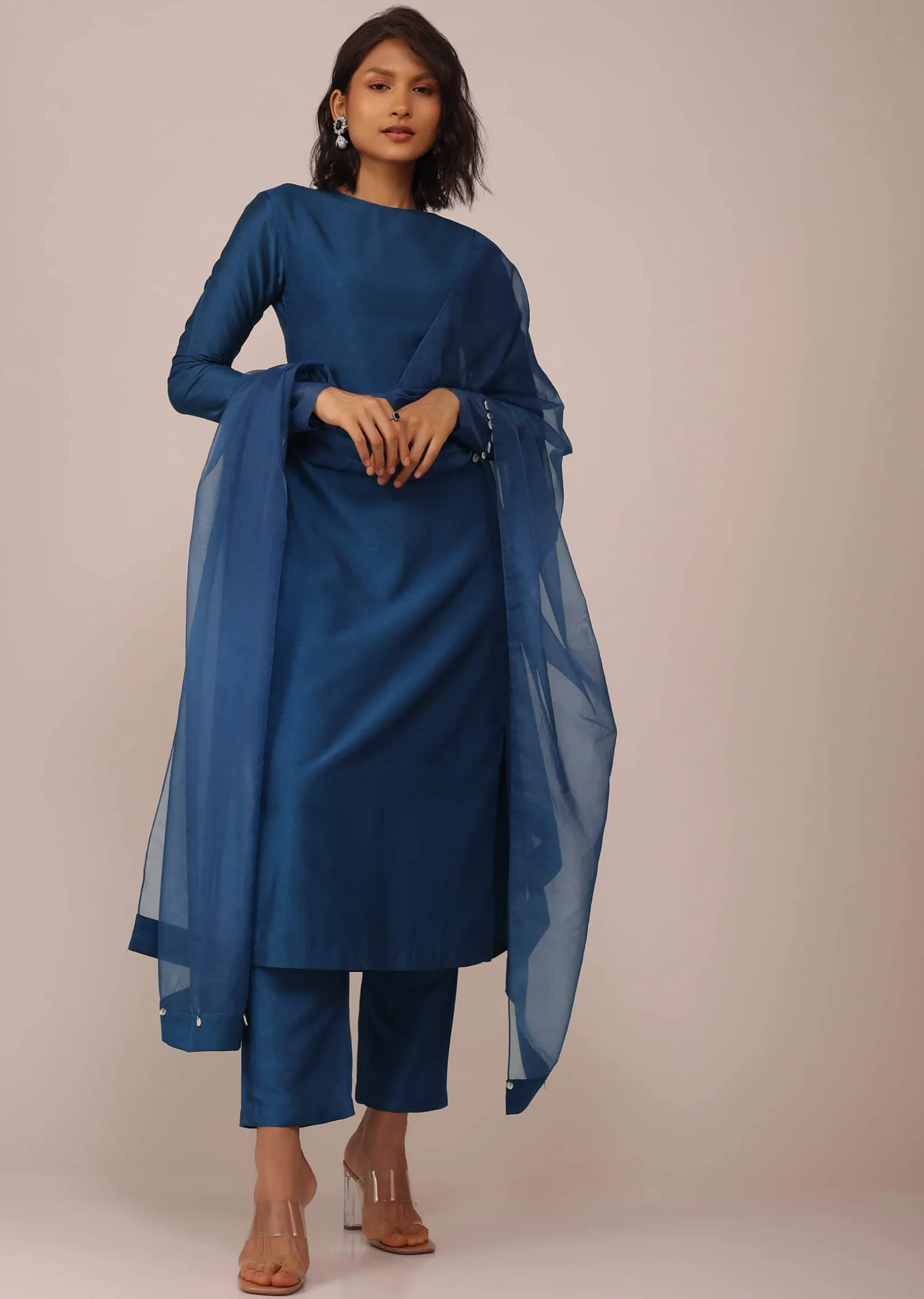 Teal Blue Suit Set With Tassel-Adorned Dupatta In Russian Art Silk