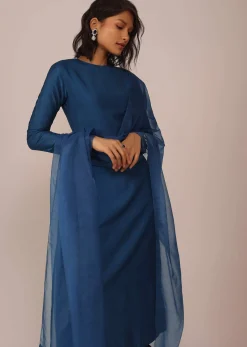Teal Blue Suit Set With Tassel-Adorned Dupatta In Russian Art Silk