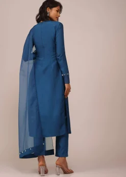 Teal Blue Suit Set With Tassel-Adorned Dupatta In Russian Art Silk