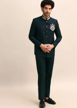 Teal Blue Thread Work Jodhpuri Suit For Men