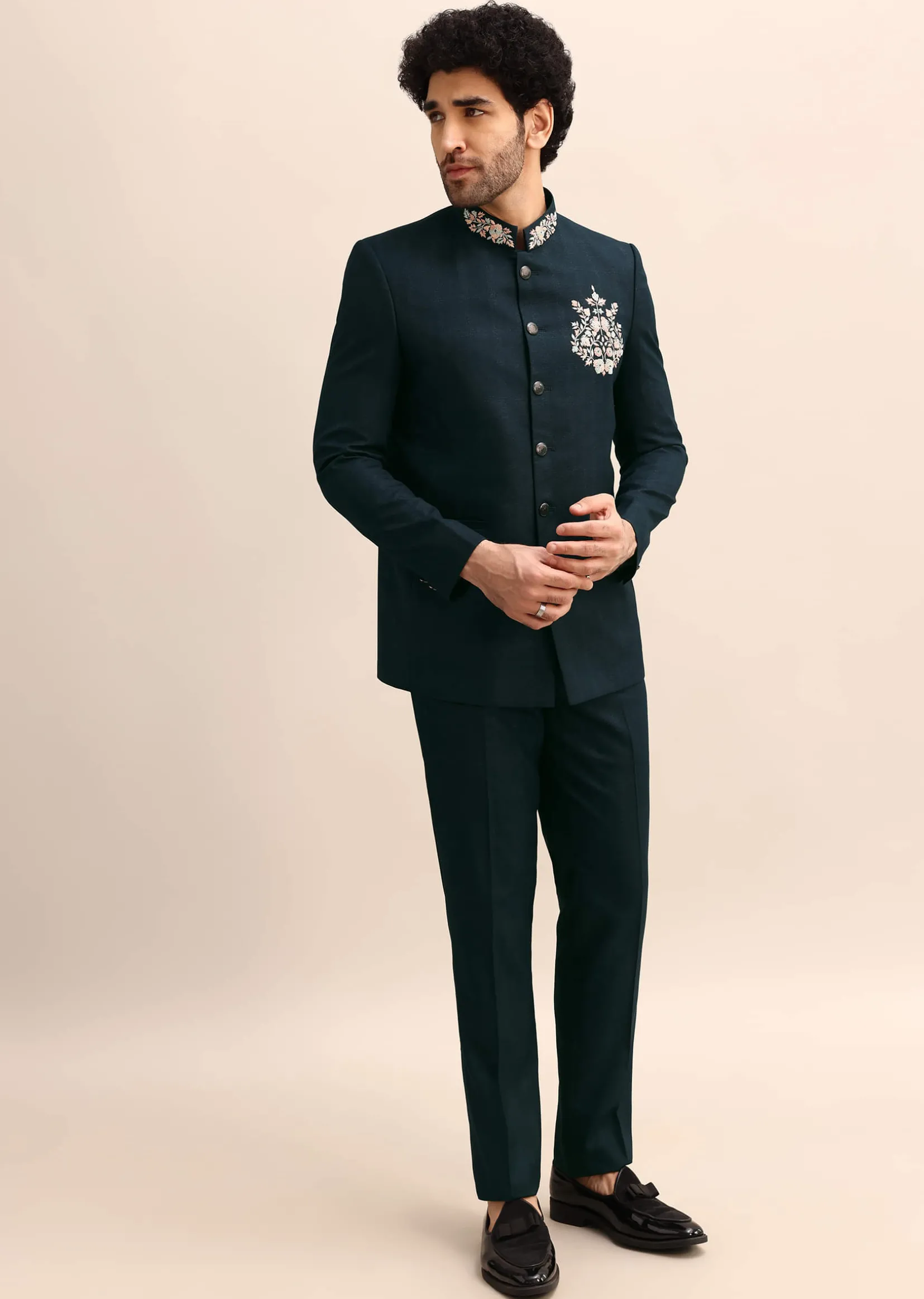 Teal Blue Thread Work Jodhpuri Suit For Men