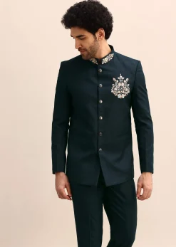 Teal Blue Thread Work Jodhpuri Suit For Men