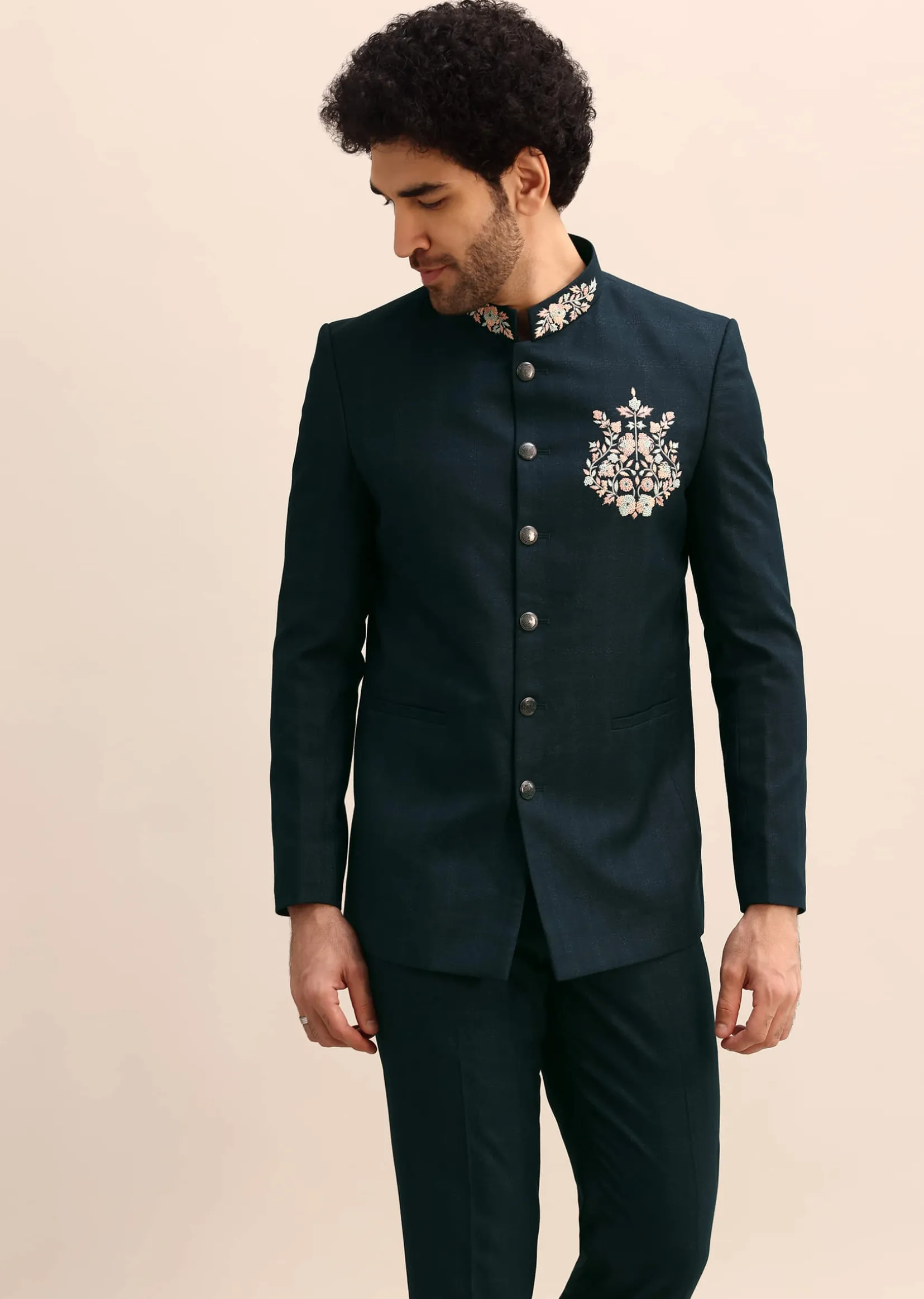 Teal Blue Thread Work Jodhpuri Suit For Men