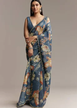 Teal Blue Tissue Saree With Floral Print And Embroidered Border