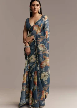 Teal Blue Tissue Saree With Floral Print And Embroidered Border