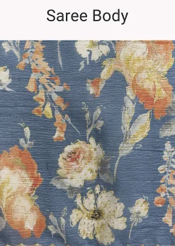 Teal Blue Tissue Saree With Floral Print And Embroidered Border