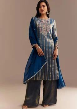 Teal Blue Tissue Zardosi Embroidered Palazzo Set